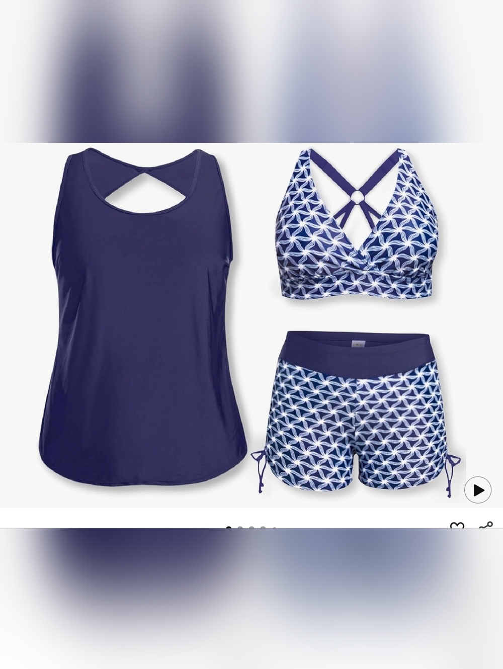 Navy Blue 3-Piece Swim Set - Tank, Bikini Top & Shorts Plus Size 5xl NEW